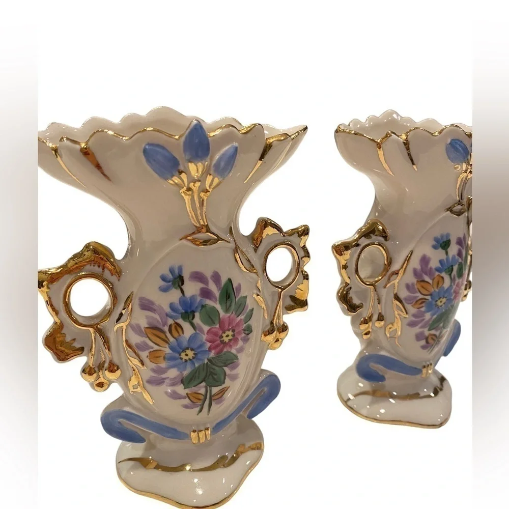 Weisley China Floral Hand Painted Gold Gilded Porcelain Bud Vase Vtg.  Set of 2